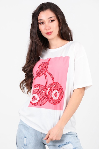 Kadın Baskılı Bisiklet Yaka T-shirt 