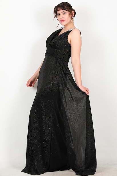 Büyük Beden Omuz Aksesuarlı Uzun Simli Abiye 