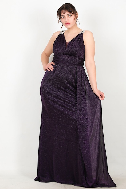 Büyük Beden Omuz Aksesuarlı Uzun Simli Abiye 