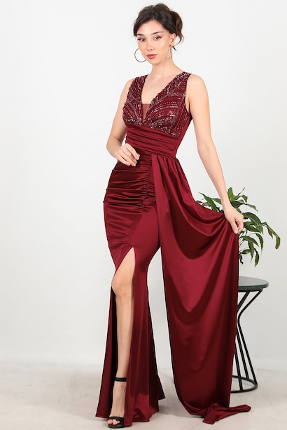 Kadın Üst Boncuklu Uzun Saten Abiye 