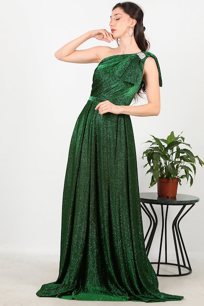 Kadın Tek Omuz Simli Uzun Abiye 