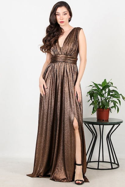 Kadın Yırtmaçlı Simli Uzun Abiye 