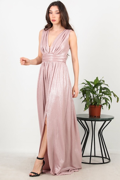 Kadın Yırtmaçlı Simli Uzun Abiye 