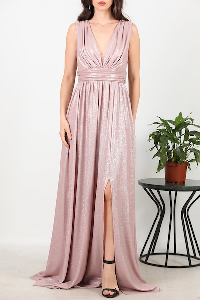 Kadın Yırtmaçlı Simli Uzun Abiye  Pudra 6