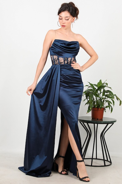 Kadın Bel Dantel Detay Uzun Saten Abiye 