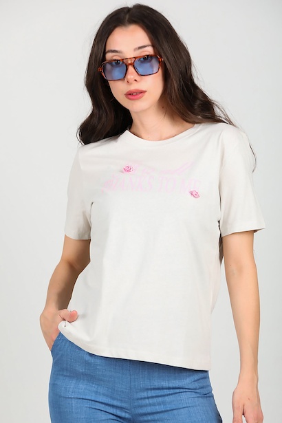 Kadın Bisiklet Yaka Baskılı Tshırt 