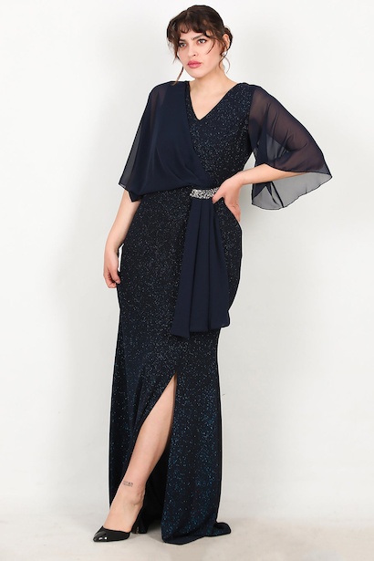 Büyük Beden Simli Uzun Abiye 