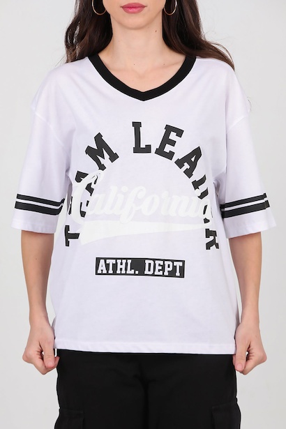 Kadın V Yaka Baskılı Tshırt  Beyaz 6