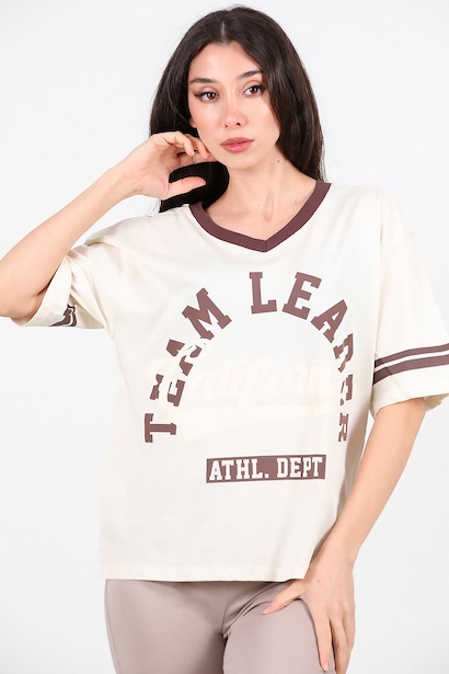 Kadın V Yaka Baskılı Tshırt 