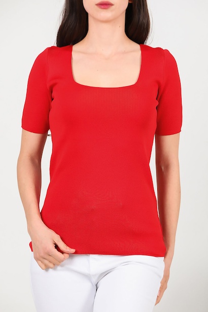 Kadın Kare Yaka Bluz  Kırmızı 6