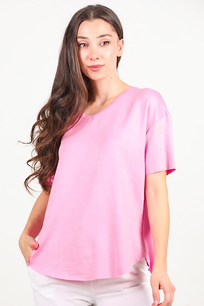 Kadın Eteği Oval V Yaka Tshırt  Pembe 6