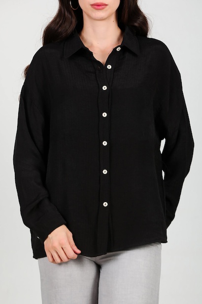 Kadın Parlak Keten Owersize Gömlek  Siyah 6