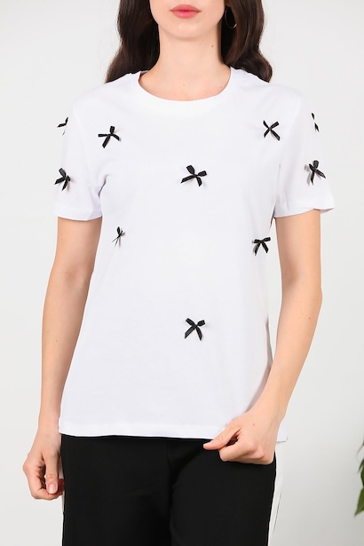 Kadın Bisiklet Yaka Fiyonklu Tshırt  Beyaz 6