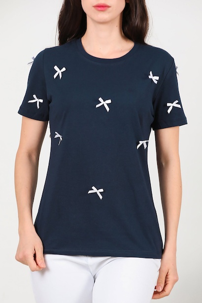 Kadın Bisiklet Yaka Fiyonklu Tshırt  Lacivert 6