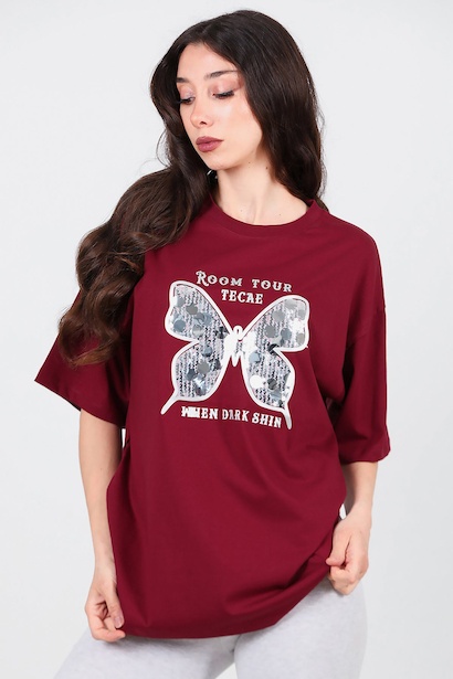 Kadın Bisiklet Yaka Kelebek Pullu Tshırt 