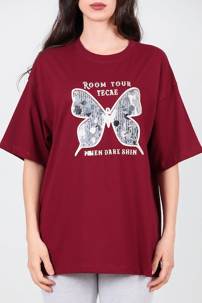 Kadın Bisiklet Yaka Kelebek Pullu Tshırt  Bordo 6