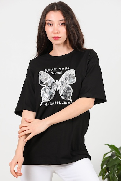 Kadın Bisiklet Yaka Kelebek Pullu Tshırt 