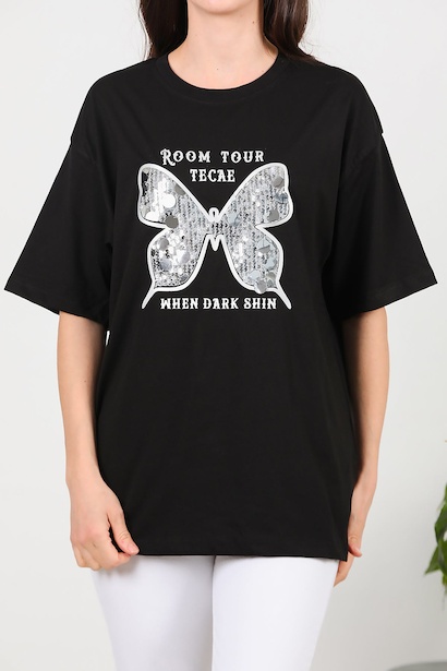 Kadın Bisiklet Yaka Kelebek Pullu Tshırt  Siyah 6