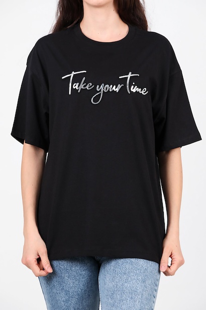 Kadın Ön Yazılı T-shirt  Siyah 6