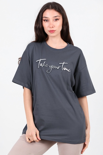 Kadın Ön Yazılı T-shirt  Füme