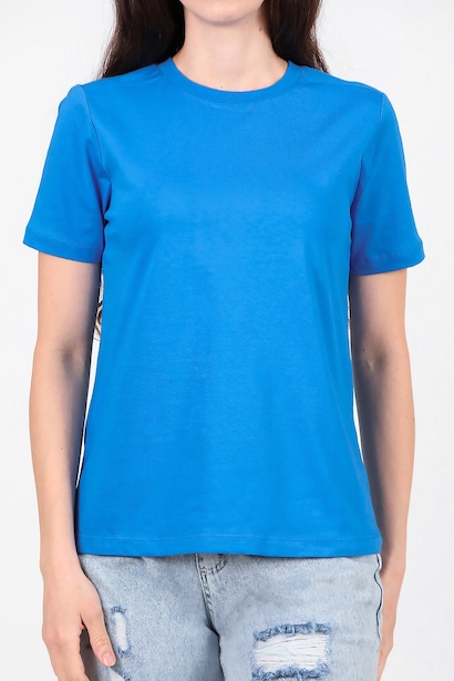 Kadın Omzu Çimalı Basıc Tshırt  Saks 6