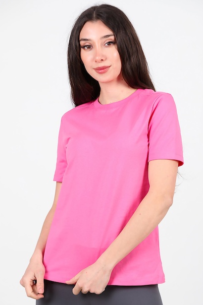 Kadın Omzu Çimalı Basıc Tshırt  Pembe 6