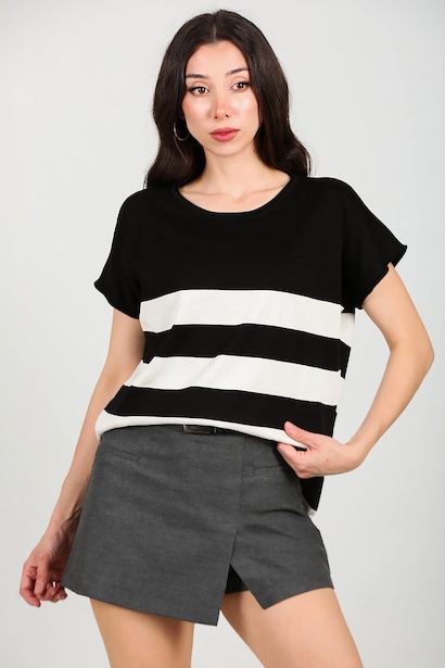 Kadın Çizgili Kısa Kol Triko 