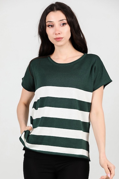 Kadın Çizgili Kısa Kol Triko 