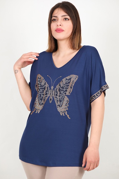 Büyük Beden V Yaka Taşlı Bluz 