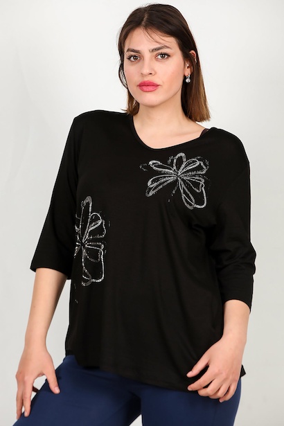 Büyük Beden Taşlı Kapri Kol Bluz 