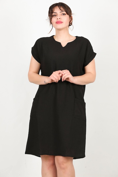Büyük Beden Cepli Keten Elbise  Siyah 6