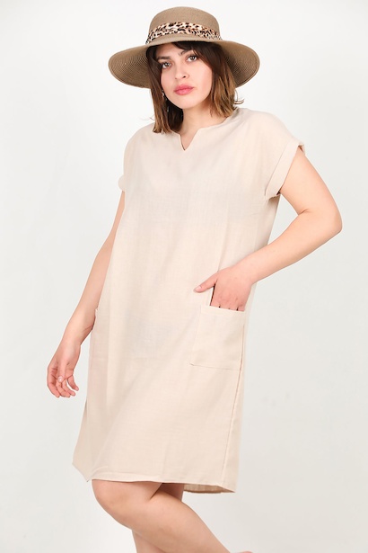 Büyük Beden Cepli Keten Elbise  Taş 6