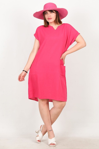 Büyük Beden Cepli Keten Elbise 