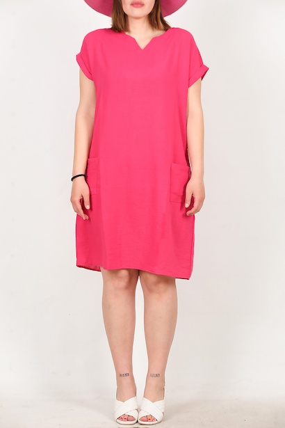 Büyük Beden Cepli Keten Elbise  Pembe 6