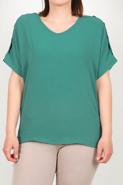 Büyük Beden Omuz Düğmeli V Yaka Bluz  Zümrüt 6
