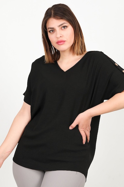 Büyük Beden Omuz Düğmeli V Yaka Bluz 