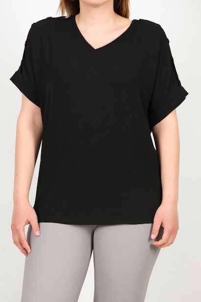 Büyük Beden Omuz Düğmeli V Yaka Bluz  Siyah 6