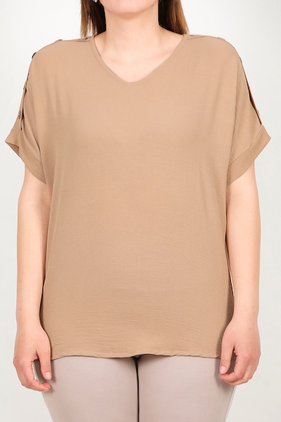 Büyük Beden Omuz Düğmeli V Yaka Bluz  Vizon 6