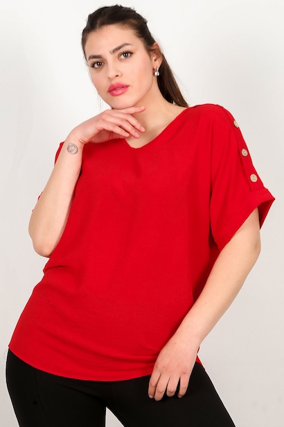 Büyük Beden Omuz Düğmeli V Yaka Bluz 