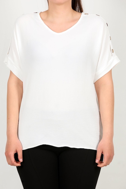 Büyük Beden Omuz Düğmeli V Yaka Bluz  Ekru 6