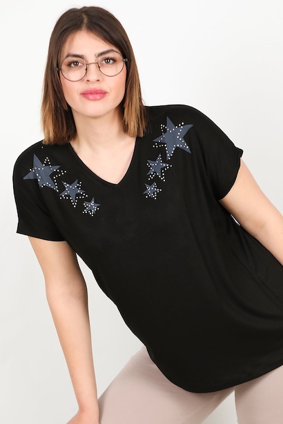 Büyük Beden V Yaka Yıldızlı Bluz 