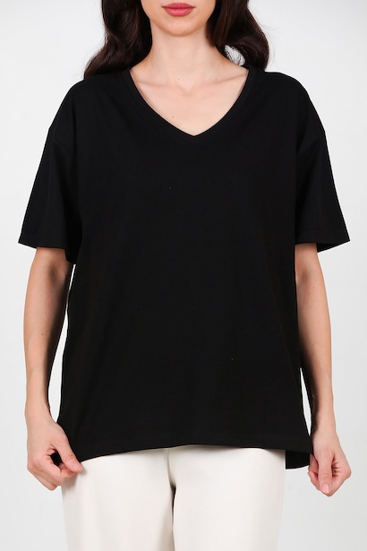 Kadın V Yaka Owersize Tshırt  Siyah 6
