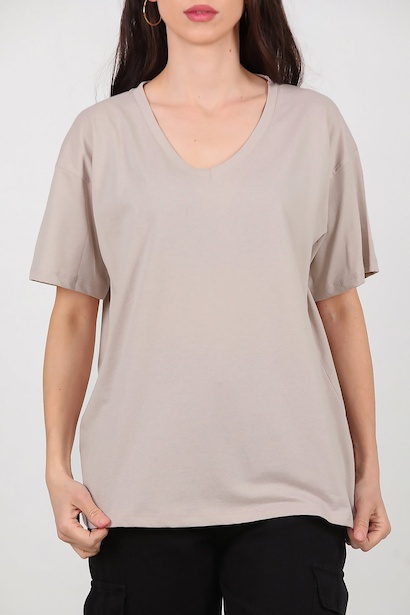 Kadın V Yaka Owersize Tshırt  Vizon 6