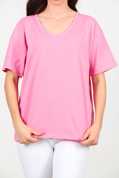 Kadın V Yaka Owersize Tshırt  Pembe 6