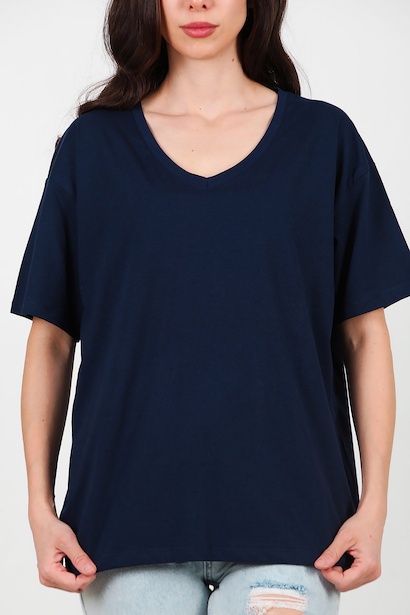 Kadın V Yaka Owersize Tshırt  Lacivert 6
