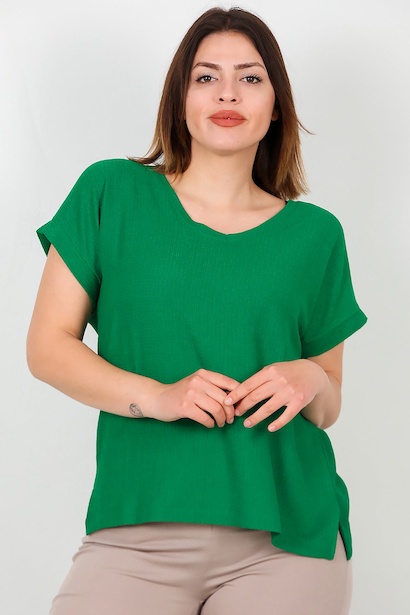 Büyük Beden V Yaka Bürümcük Bluz  Zümrüt 6