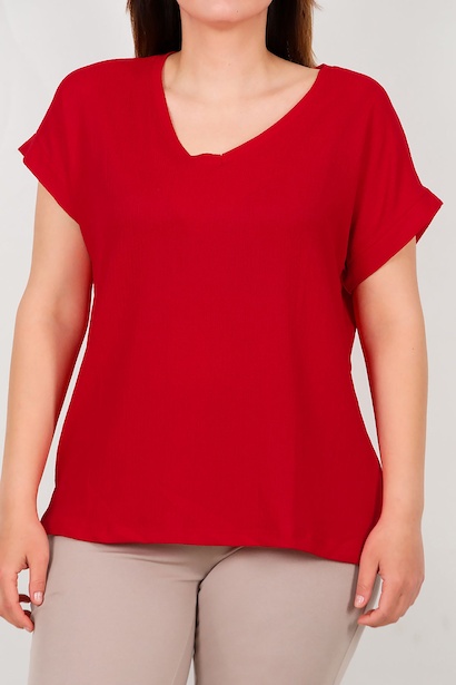 Büyük Beden V Yaka Bürümcük Bluz  Kırmızı 6