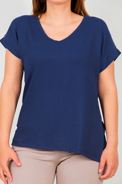 Büyük Beden V Yaka Bürümcük Bluz  Lacivert 6