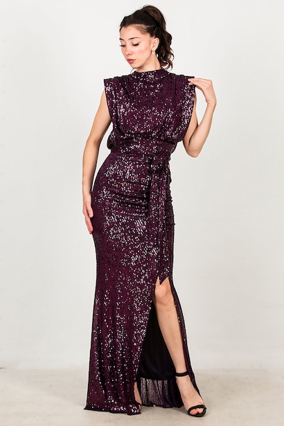 Kadın Yırtmaçlı Kuşaklı Uzun Abiye 