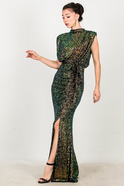 Kadın Yırtmaçlı Kuşaklı Uzun Abiye 